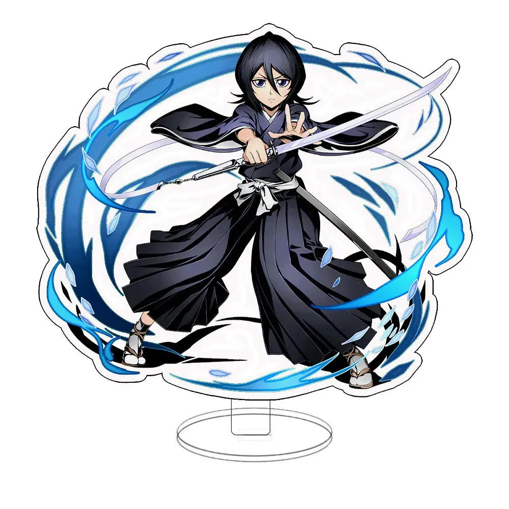 Bleach ichigo acrylic keychain standee featuring black and blue anime figurine with dynamic water swirls on clear stand