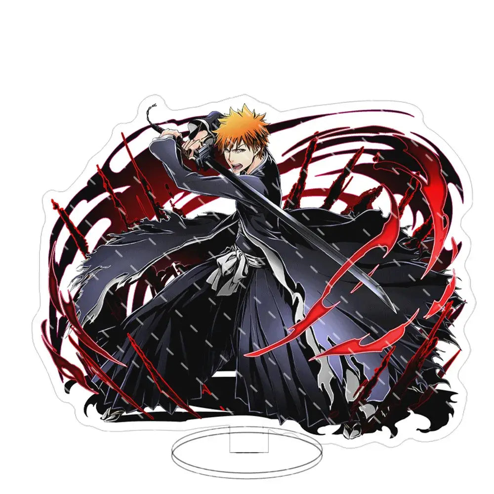 Black and red acrylic keychain standee featuring bleach anime character ichigo in dynamic pose with flowing cape and sword