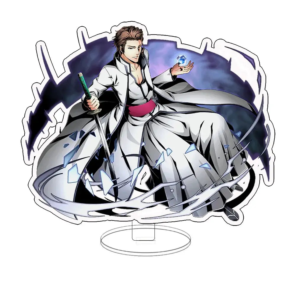 White and gray anime character acrylic keychain standee featuring ichigo in flowing robe holding sword with blue gem accents
