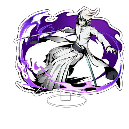 Bleach ichigo orihime and ishida acrylic keychain standee with white and black figurine and purple energy swirls on clear stand