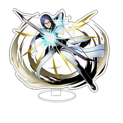 Black and white bleach ichigo acrylic keychain figurine with glowing blue energy effects on clear standee base