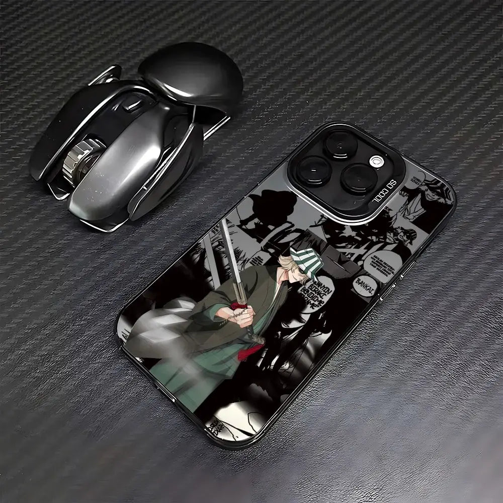 Black glossy bleach ichigo phone case with detailed green and red anime character and speech bubbles on back side