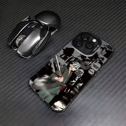 Black glossy bleach ichigo phone case with detailed green and red anime character and speech bubbles on back side