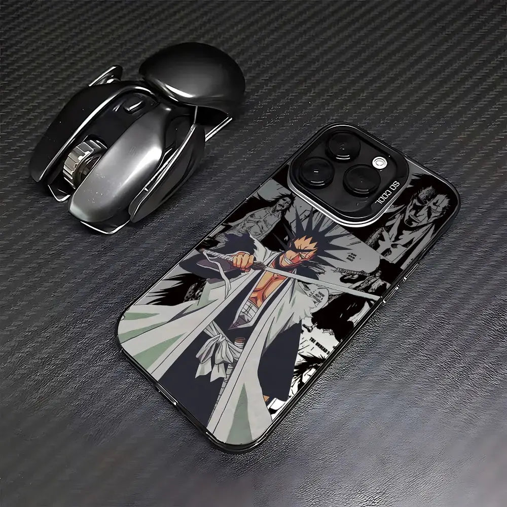 Black and gray matte anti-fall bleach ichigo phone case with detailed ichigo kurosaki sword action pose illustration