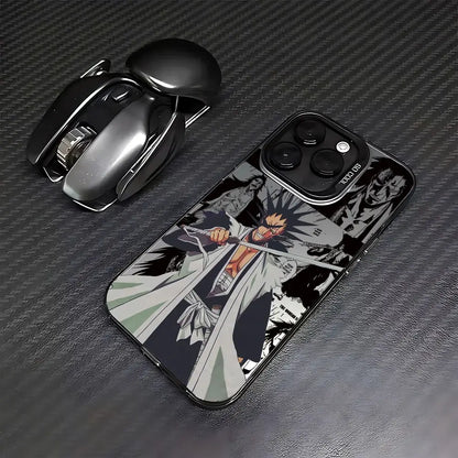 Black and gray matte anti-fall bleach ichigo phone case with detailed ichigo kurosaki sword action pose illustration