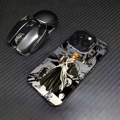 Black and white bleach ichigo phone case with orange-haired character design printed on glossy hard shell back side