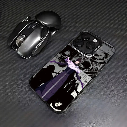 Black and purple bleach ichigo phone case with matte anti-fall cover featuring ichigo in dynamic pose on back side