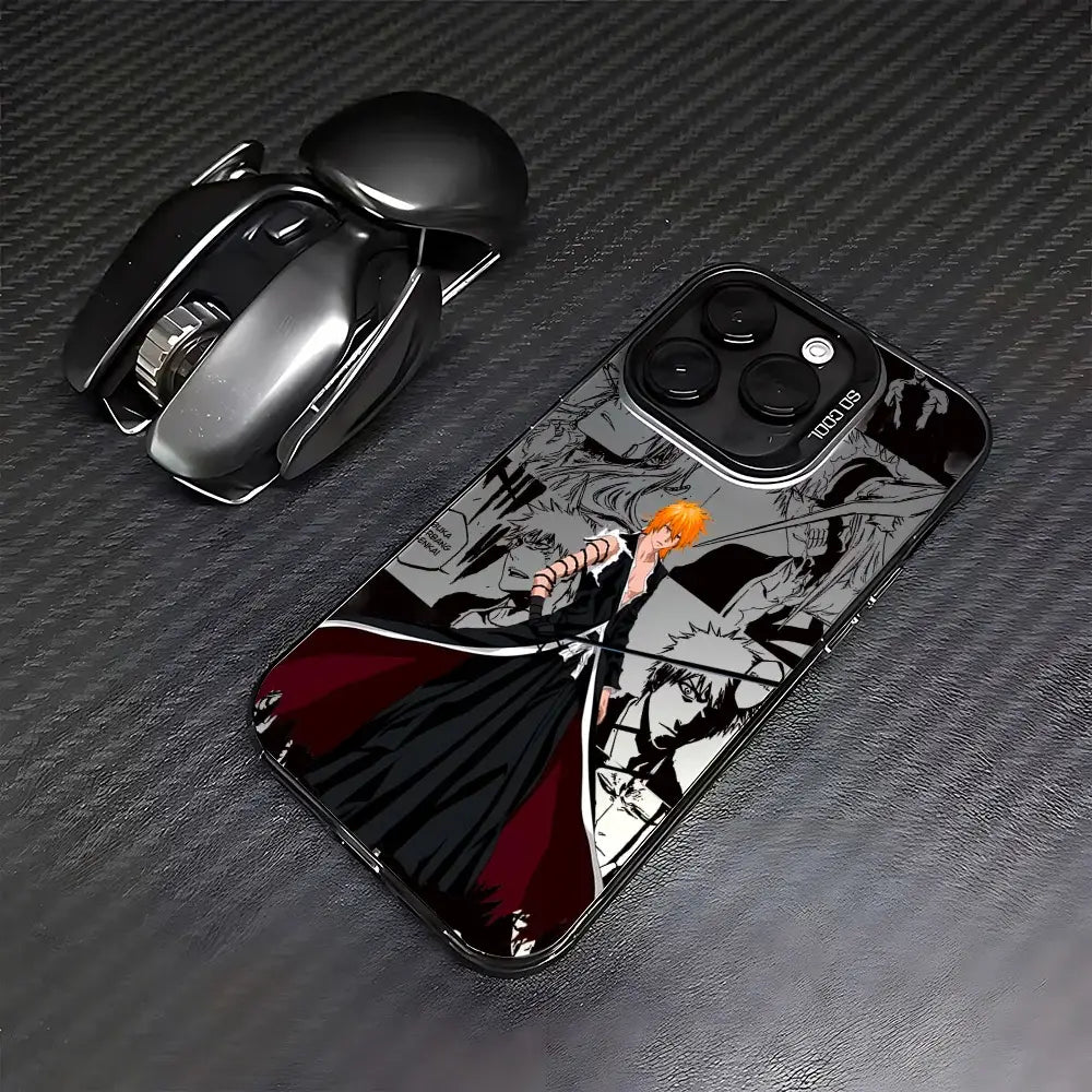 Black and red matte anti-fall bleach ichigo phone case featuring dynamic bleach ichigo characters illustration