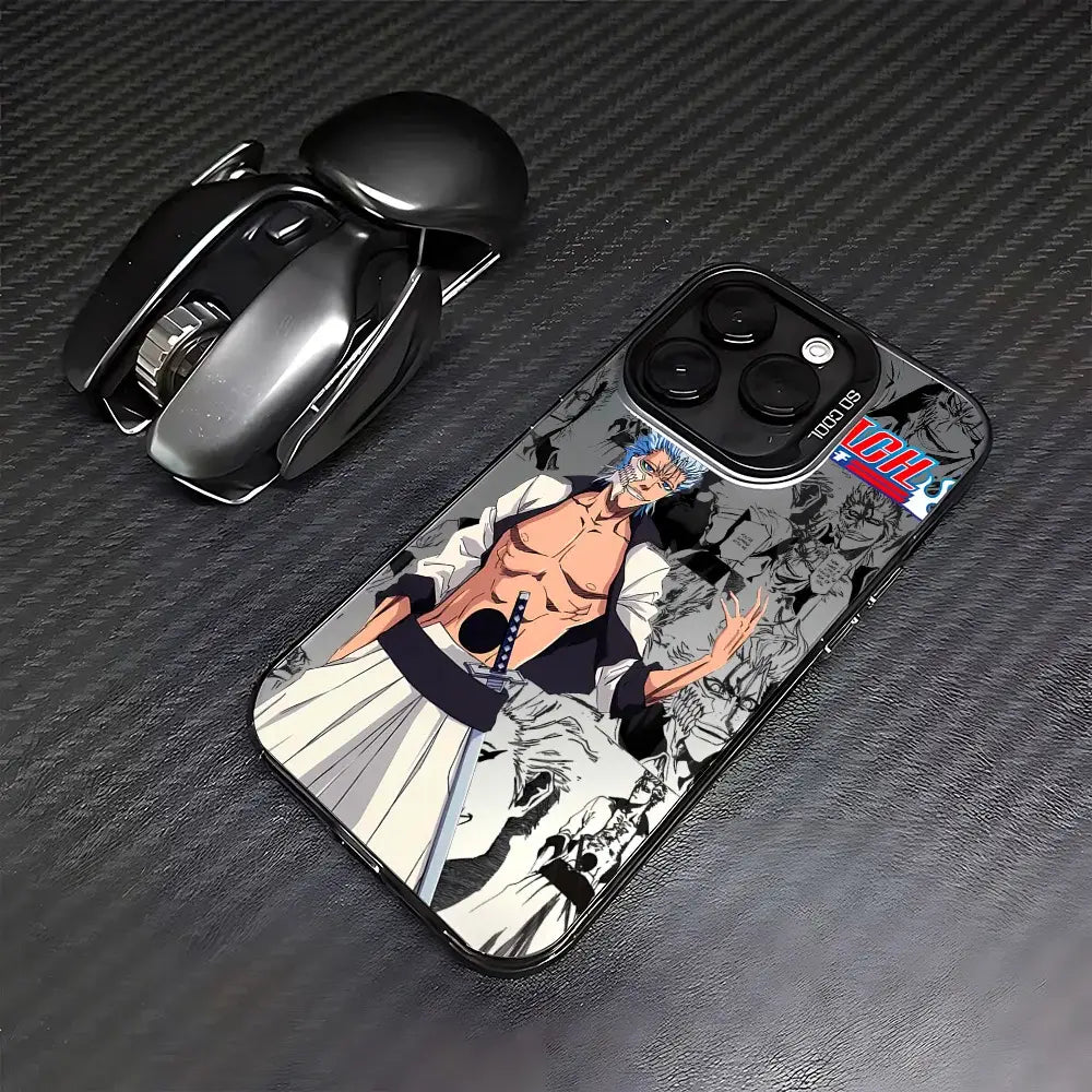 Black and white bleach ichigo phone case with matte anti-fall cover featuring ichigo kurosaki with blue hair and sword