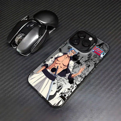 Black and white bleach ichigo phone case with matte anti-fall cover featuring ichigo kurosaki with blue hair and sword