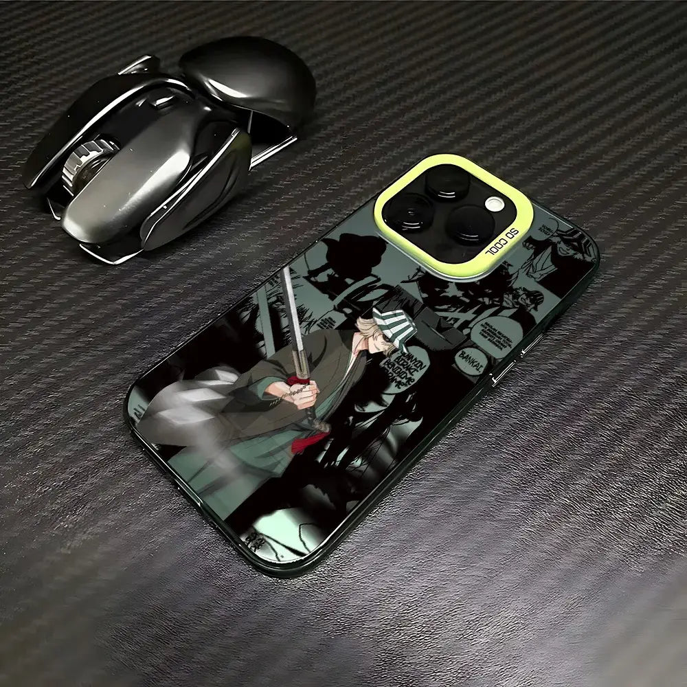 Black glossy bleach ichigo phone case with detailed anime illustration and neon green camera ring on back side matte anti-fall cover