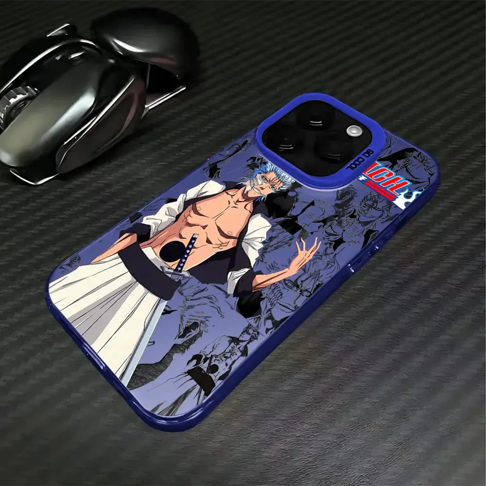 Blue matte anti-fall bleach ichigo phone case with silver-haired anime character on dark blue background back side