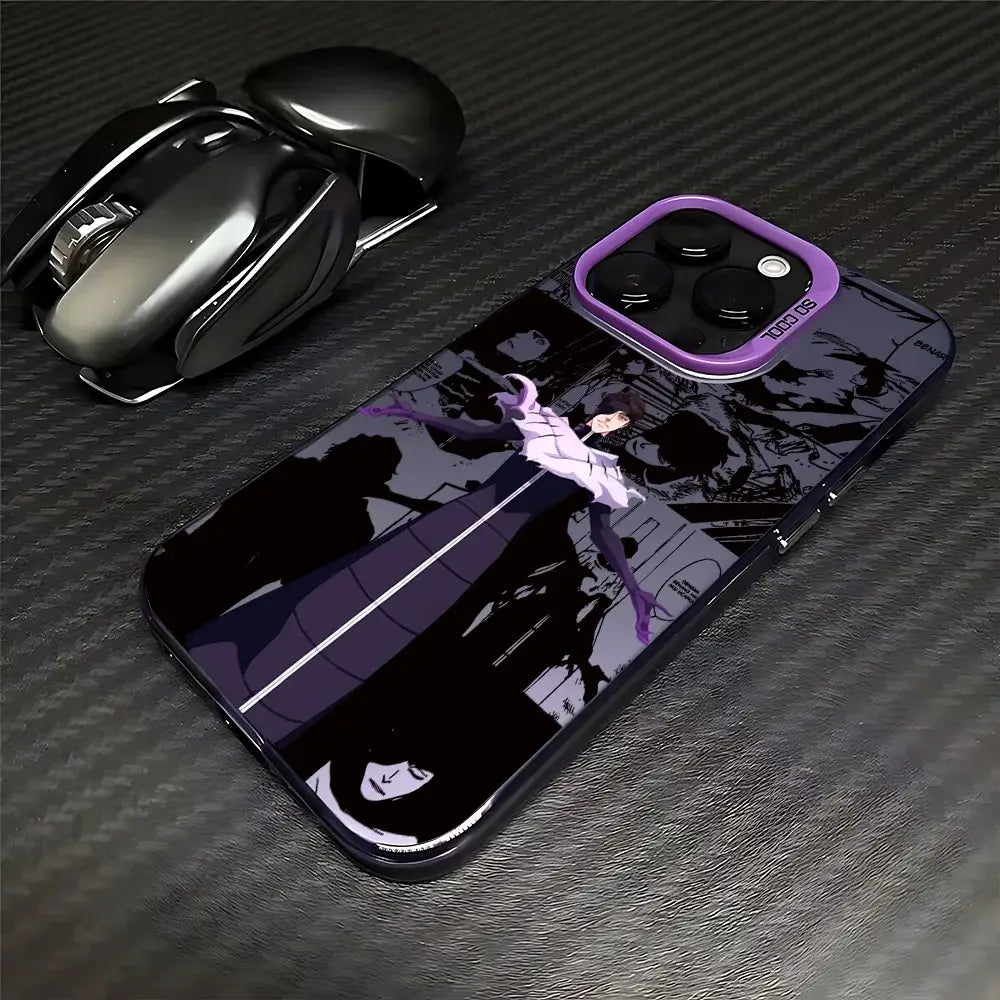Purple-framed bleach ichigo phone case with glossy black finish featuring anime design and matte anti-fall cover on back side