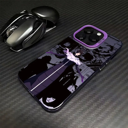 Purple-framed bleach ichigo phone case with glossy black finish featuring anime design and matte anti-fall cover on back side