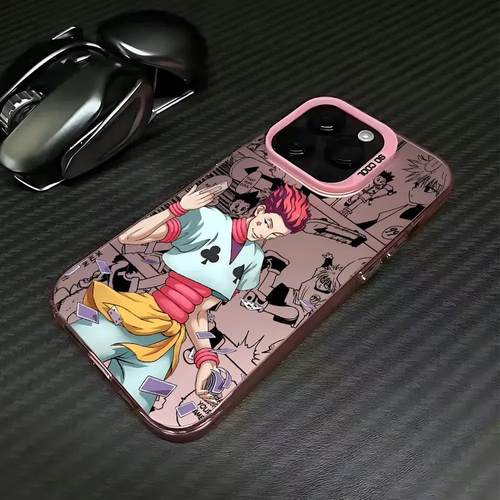 Pink-framed bleach ichigo phone case with vibrant red-haired anime character and playing card motifs on translucent back matte cover