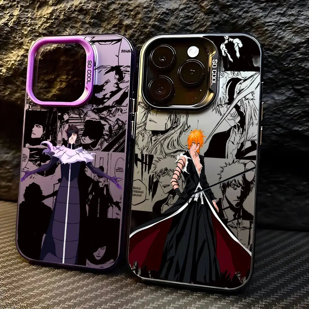 Two matte anti-fall bleach ichigo phone cases with purple black and black red anime-themed designs shown from back side