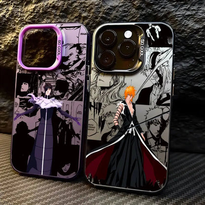 Two matte anti-fall bleach ichigo phone cases with purple black and black red anime-themed designs shown from back side