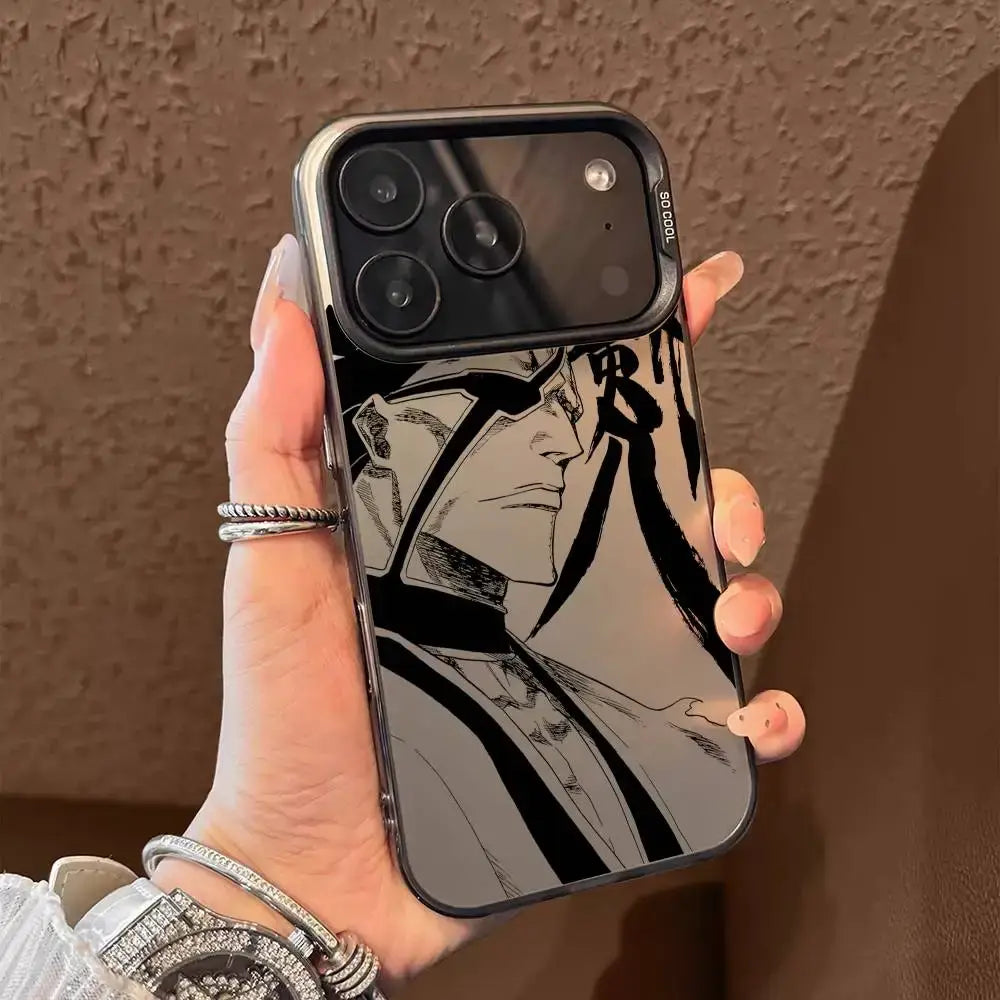 Black and silver bleach ichigo phone case with glossy finish shown from the back for stylish phone protection