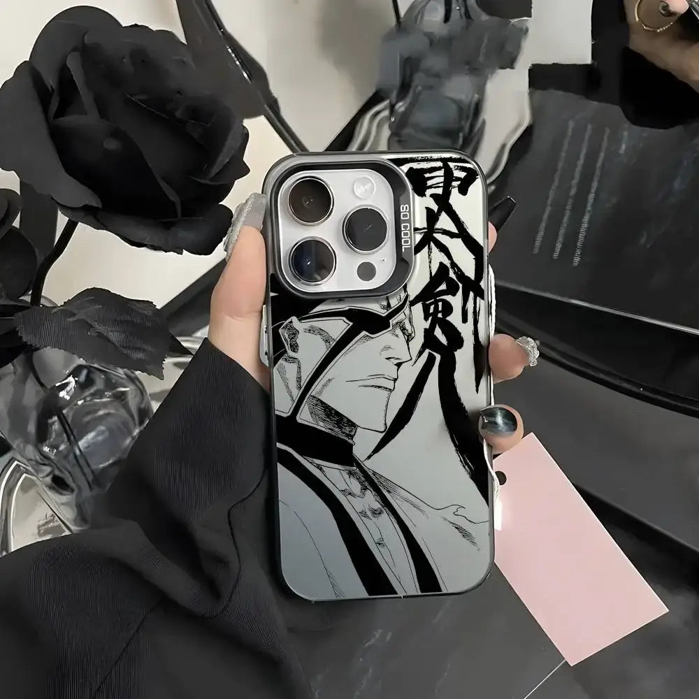 Black and white bleach ichigo phone case with bold ink style design on matte aurora metallic back cover