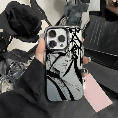 Black and white bleach ichigo phone case with bold ink style design on matte aurora metallic back cover
