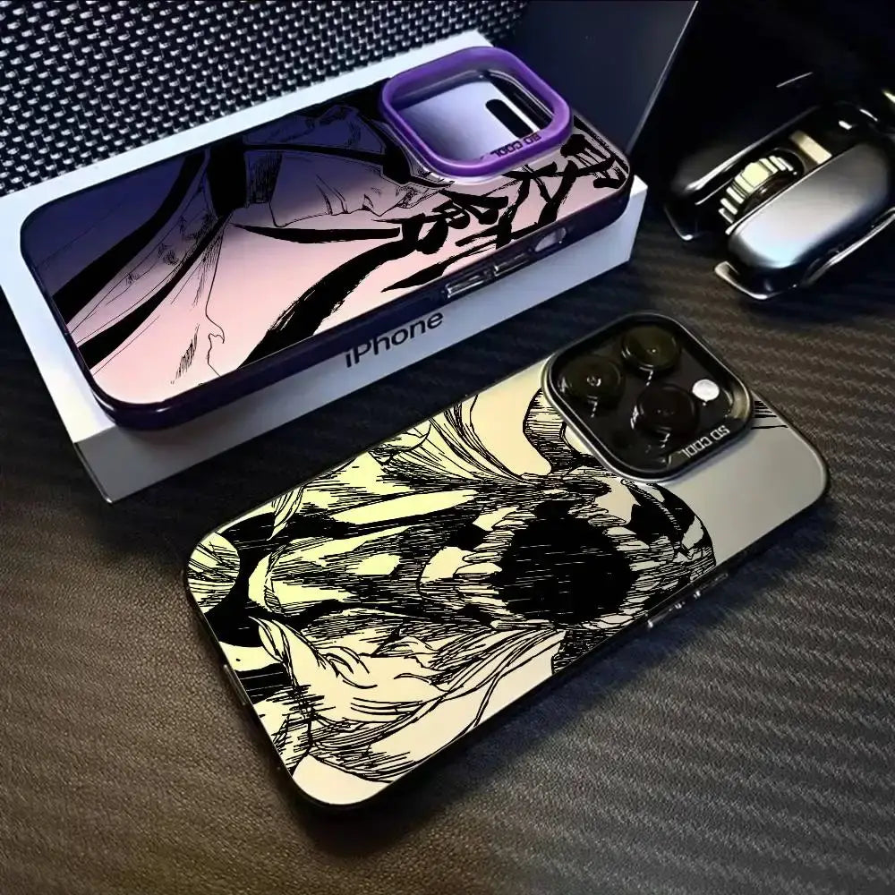 Black and white bleach ichigo phone case with purple camera cutout and bold ink line art on glossy matte aurora metallic back