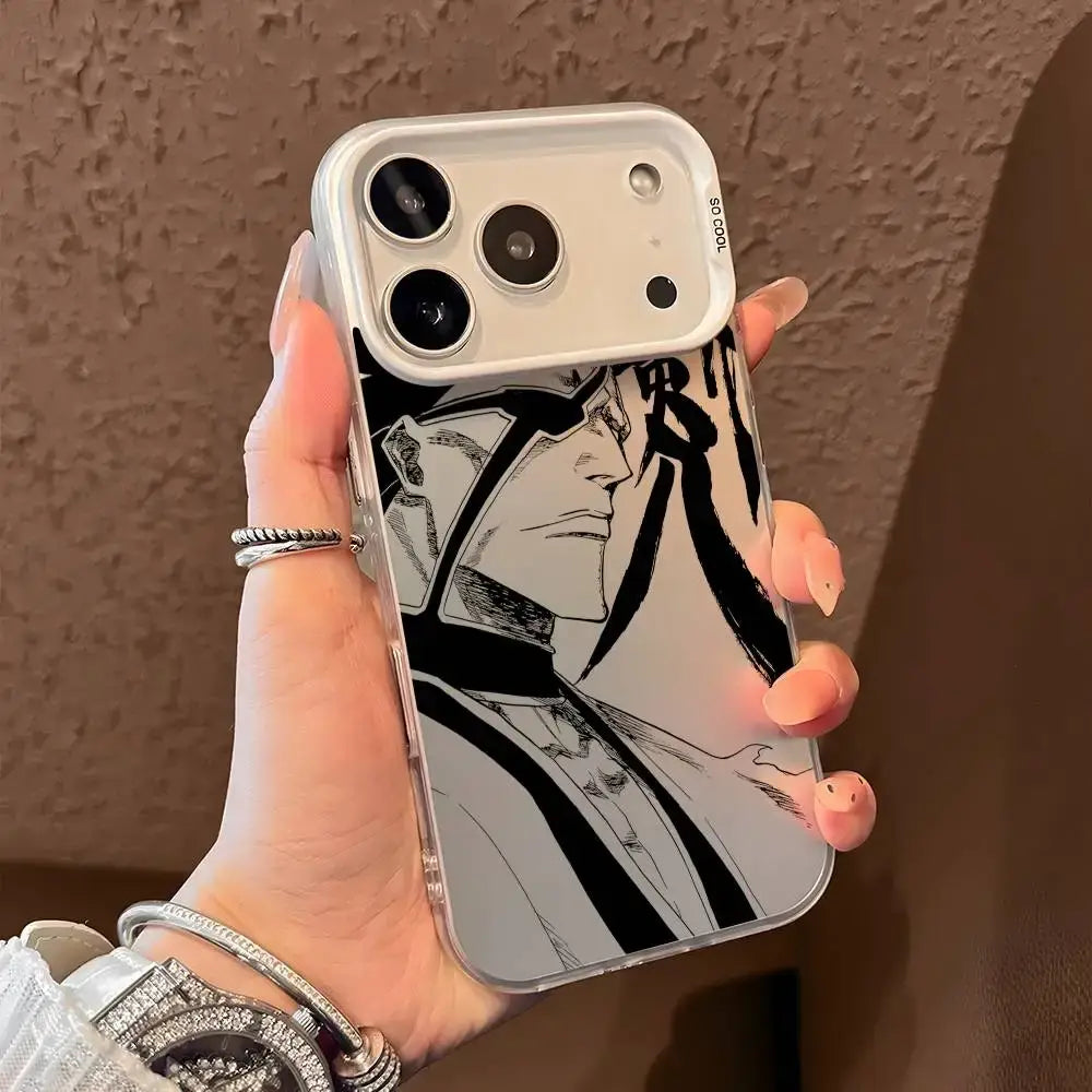 Clear matte aurora metallic phone case with black and white bleach ichigo phone character illustration on back side