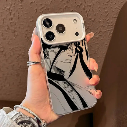 Clear matte aurora metallic phone case with black and white bleach ichigo phone character illustration on back side