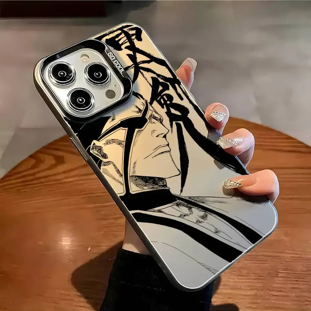 Matte aurora metallic bleach ichigo phone case featuring sleek black and white anime character with flowing hair and bold lines