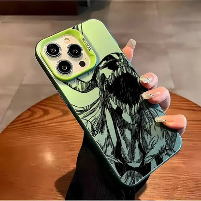 Lime green matte aurora metallic bleach ichigo phone case with black anime illustration and so cool text on the back side