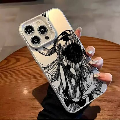 Sleek white matte aurora metallic bleach ichigo phone case with bold black and white anime sketch on back for iphone models
