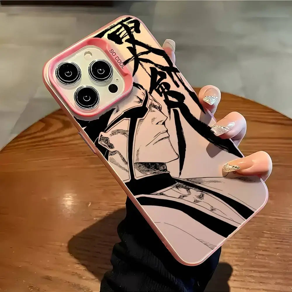 Back side of a pink bleach ichigo phone case with black and white anime design and so cool text matte aurora metallic