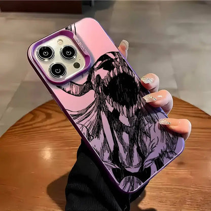 Back of a matte aurora metallic pink and purple gradient bleach ichigo phone case with black anime illustration