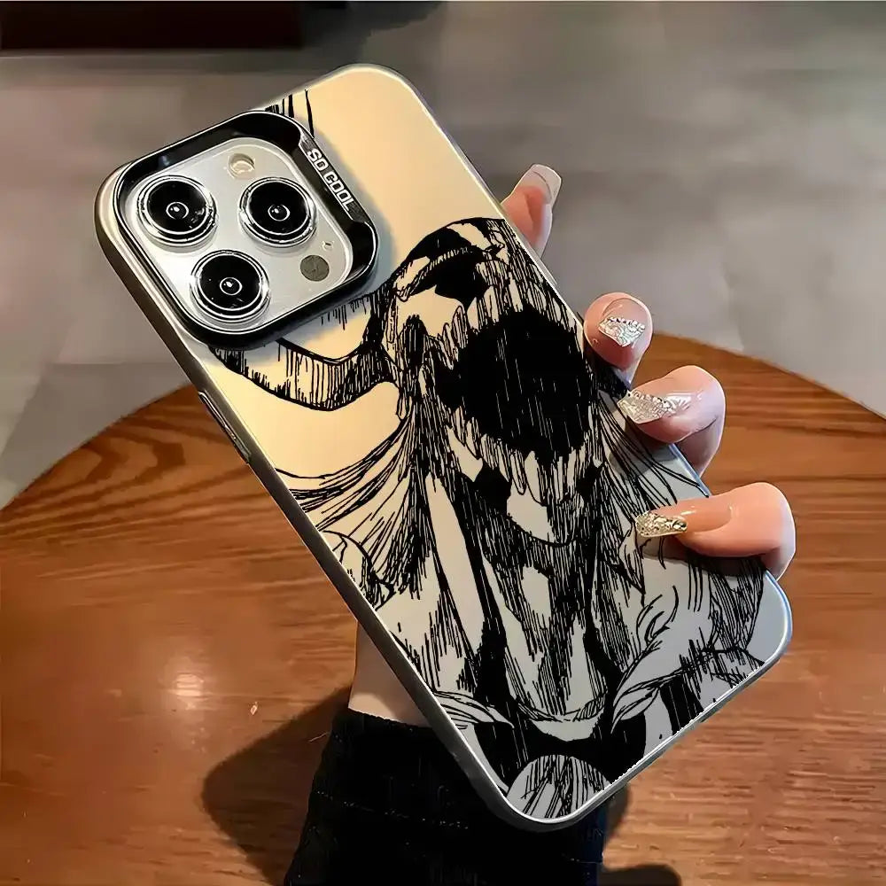 Silver-framed bleach ichigo phone case with bold black-and-white anime sketch on matte aurora metallic back side