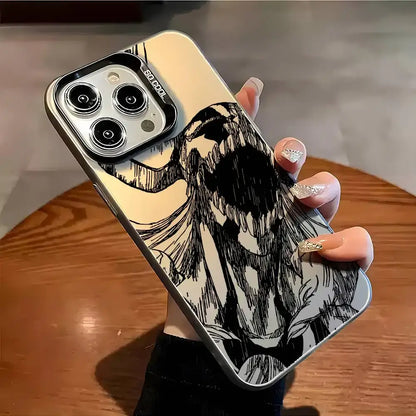 Silver-framed bleach ichigo phone case with bold black-and-white anime sketch on matte aurora metallic back side