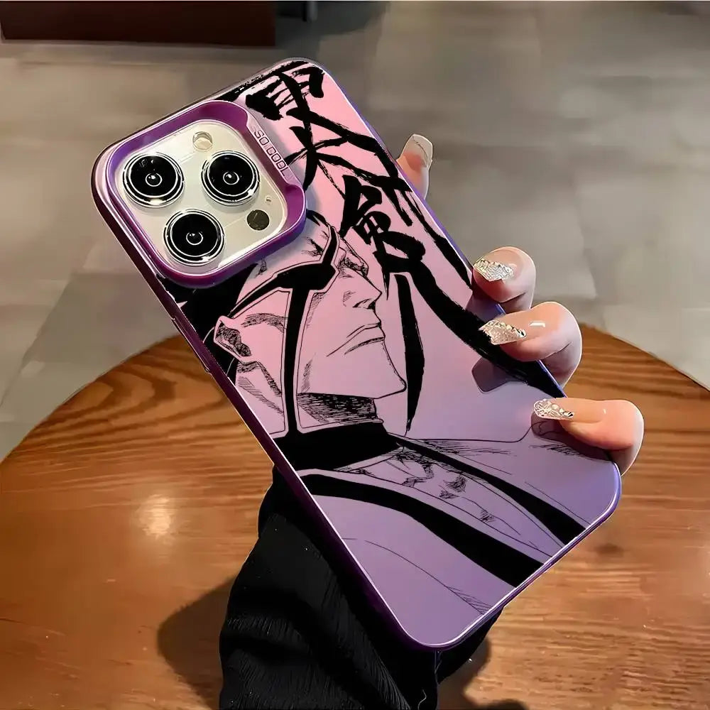 Purple gradient matte aurora metallic bleach ichigo phone case with black anime profile illustration and subtle pink shading on back side