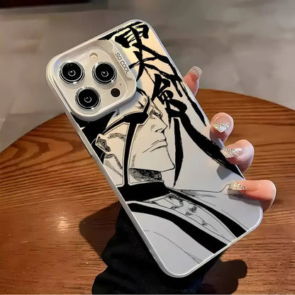 Back of a sleek white matte aurora metallic bleach ichigo phone case with bold black and white anime design so cool text