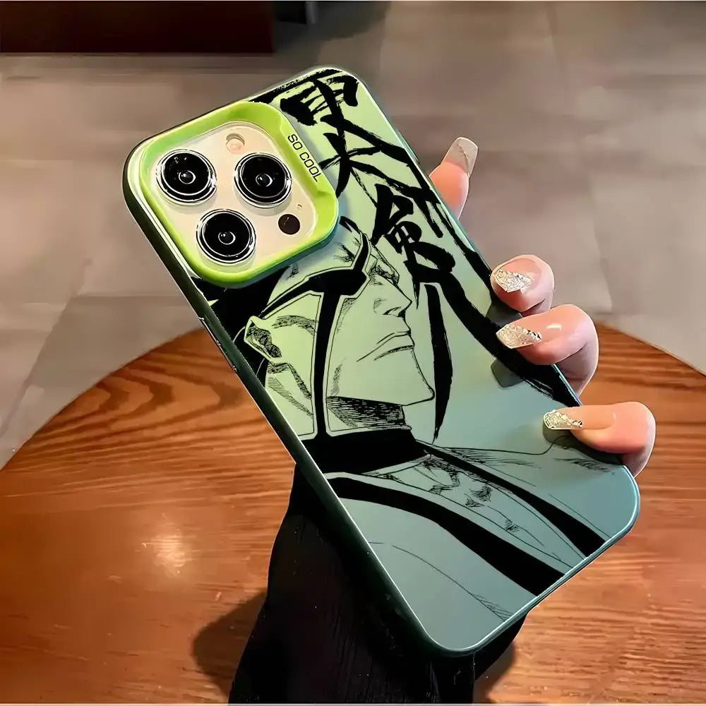 Vibrant green matte aurora metallic bleach ichigo phone case featuring bold black and white anime art on the back with so cool text