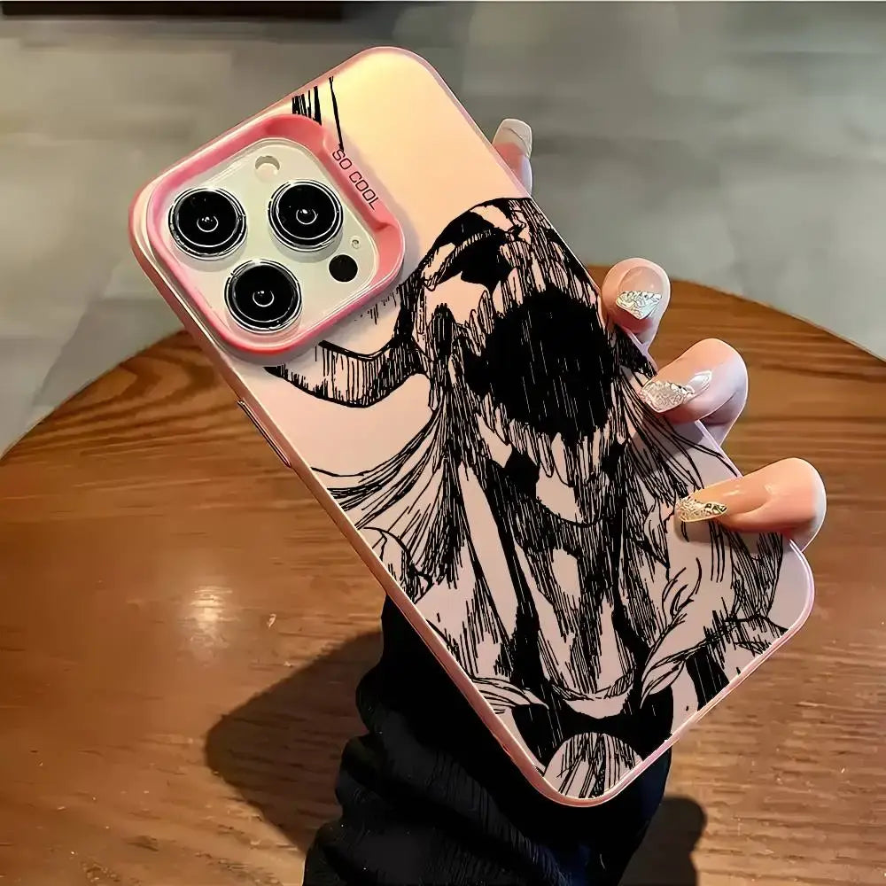 Pink matte aurora metallic phone case with black and white bleach ichigo phone character illustration on back side