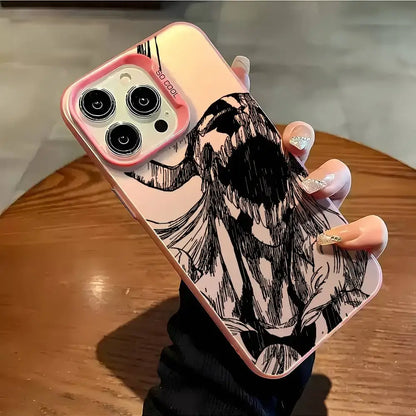 Pink matte aurora metallic phone case with black and white bleach ichigo phone character illustration on back side