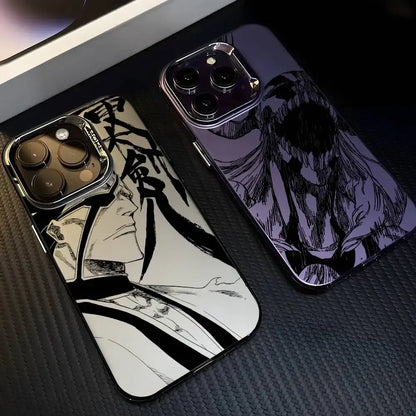 Two anime-themed matte aurora metallic phone cases featuring bleach ichigo designs with black and white and purple sketches