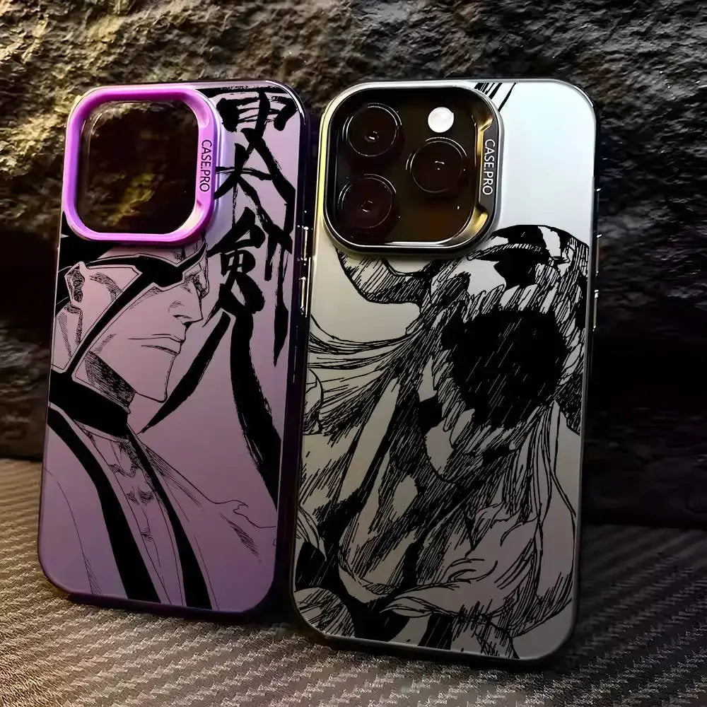 Two matte aurora metallic bleach ichigo phone cases featuring purple gradient armored and monochrome sketch designs on back