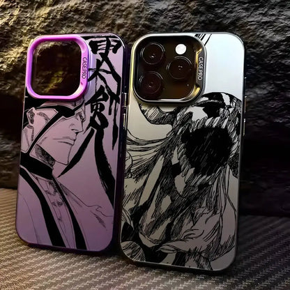 Two matte aurora metallic bleach ichigo phone cases featuring purple gradient armored and monochrome sketch designs on back