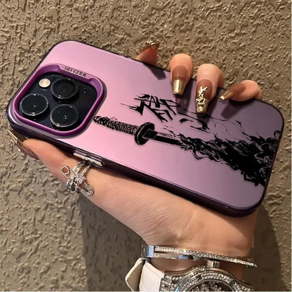 Back view of sleek lavender bleach ichigo phone case with black sword design purple camera cutout shockproof tpu cover sin cool