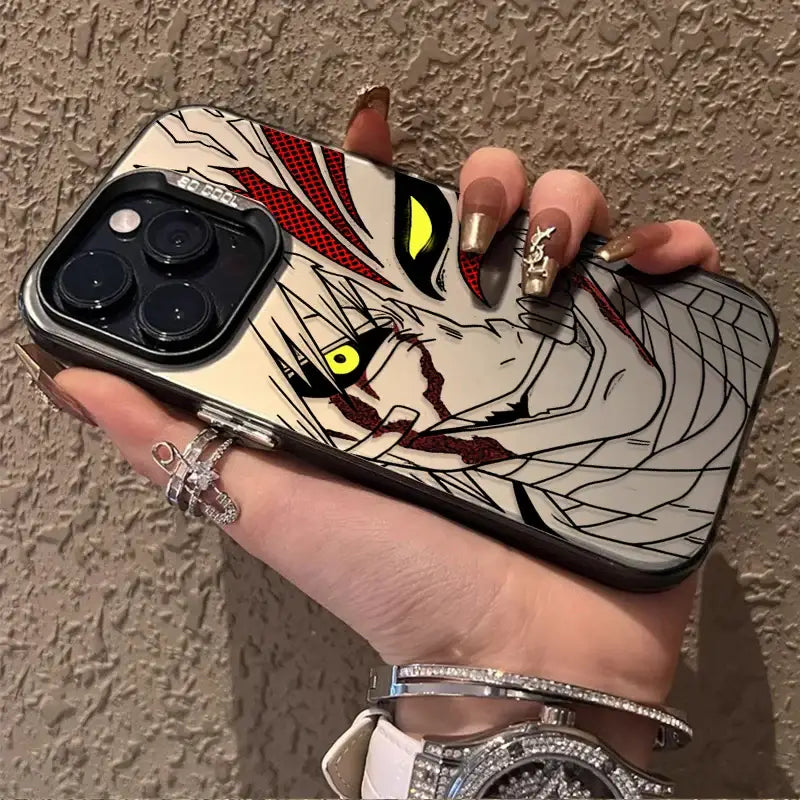 Bleach ichigo phone case shockproof tpu cover in black and white with glowing yellow eyes and red accents detailed line art