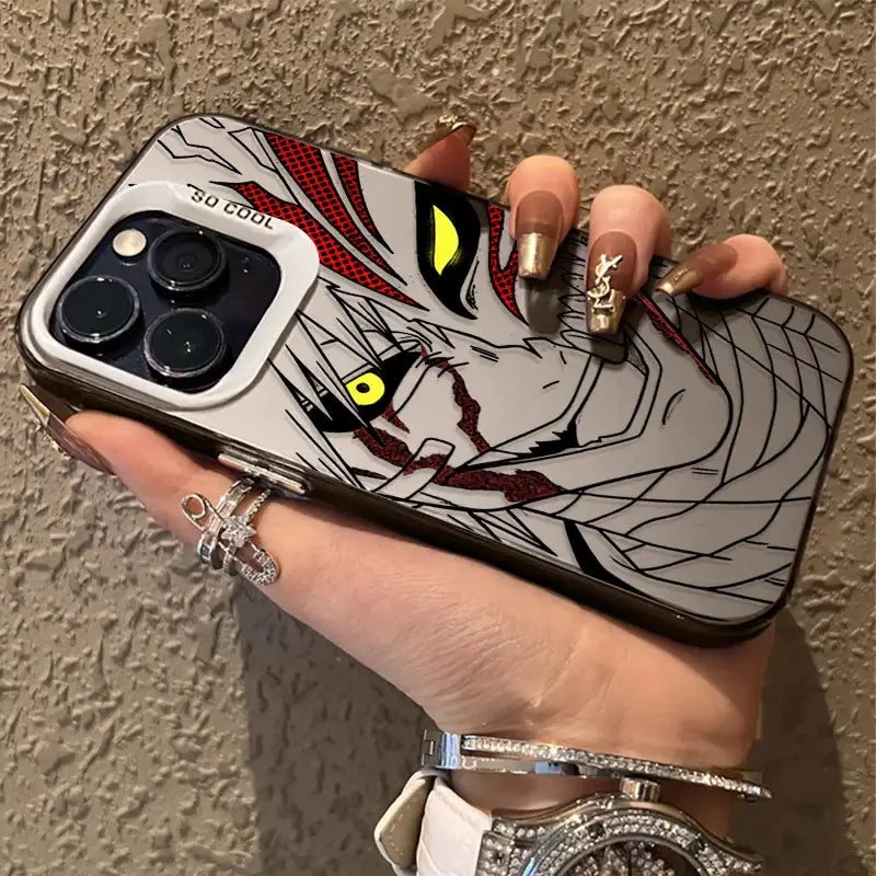 A sleek transparent bleach ichigo phone case with bold anime design yellow eyes red accents shockproof tpu cover back view