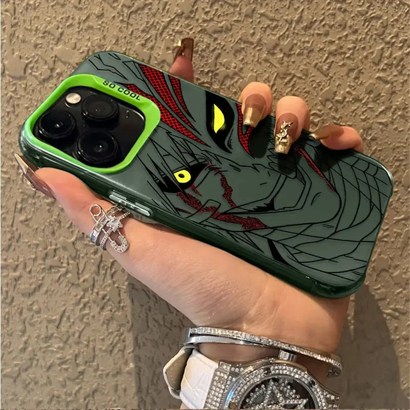 Green bleach ichigo phone case with stylized anime design and bright green camera frame shockproof tpu cover back side