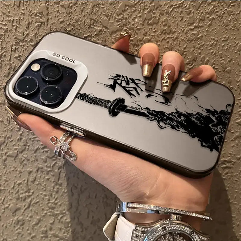 Back of silver bleach ichigo phone case with black sword graphic and so cool text shockproof tpu cover