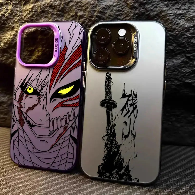 Back side of purple and silver bleach ichigo phone shockproof tpu cover with fierce character and black sword design