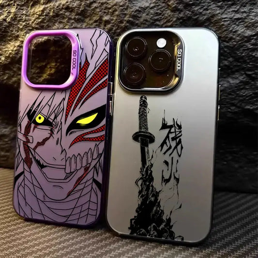 Back side of purple and silver bleach ichigo phone shockproof tpu cover with fierce character and black sword design