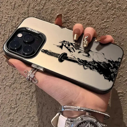 Back side of a sleek silver bleach ichigo phone case with bold black sword illustration on shockproof tpu cover